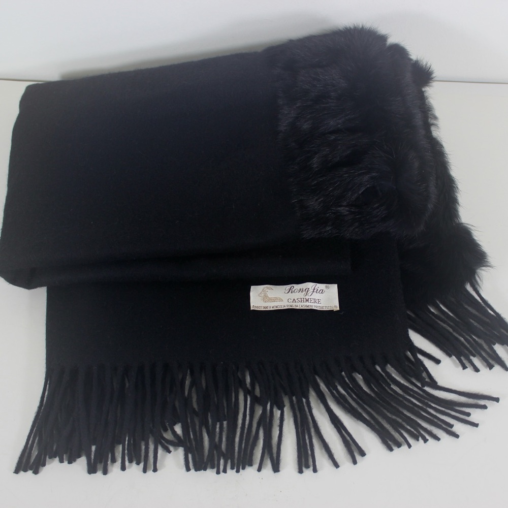 Vintage Black Cashmere Shawl with Fur Trim and Fringe Wide Scarf Throw Wrap